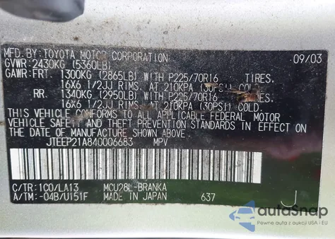 2004 Toyota Highlander V6 from USA, damaged, VIN JTEEP21A840006683